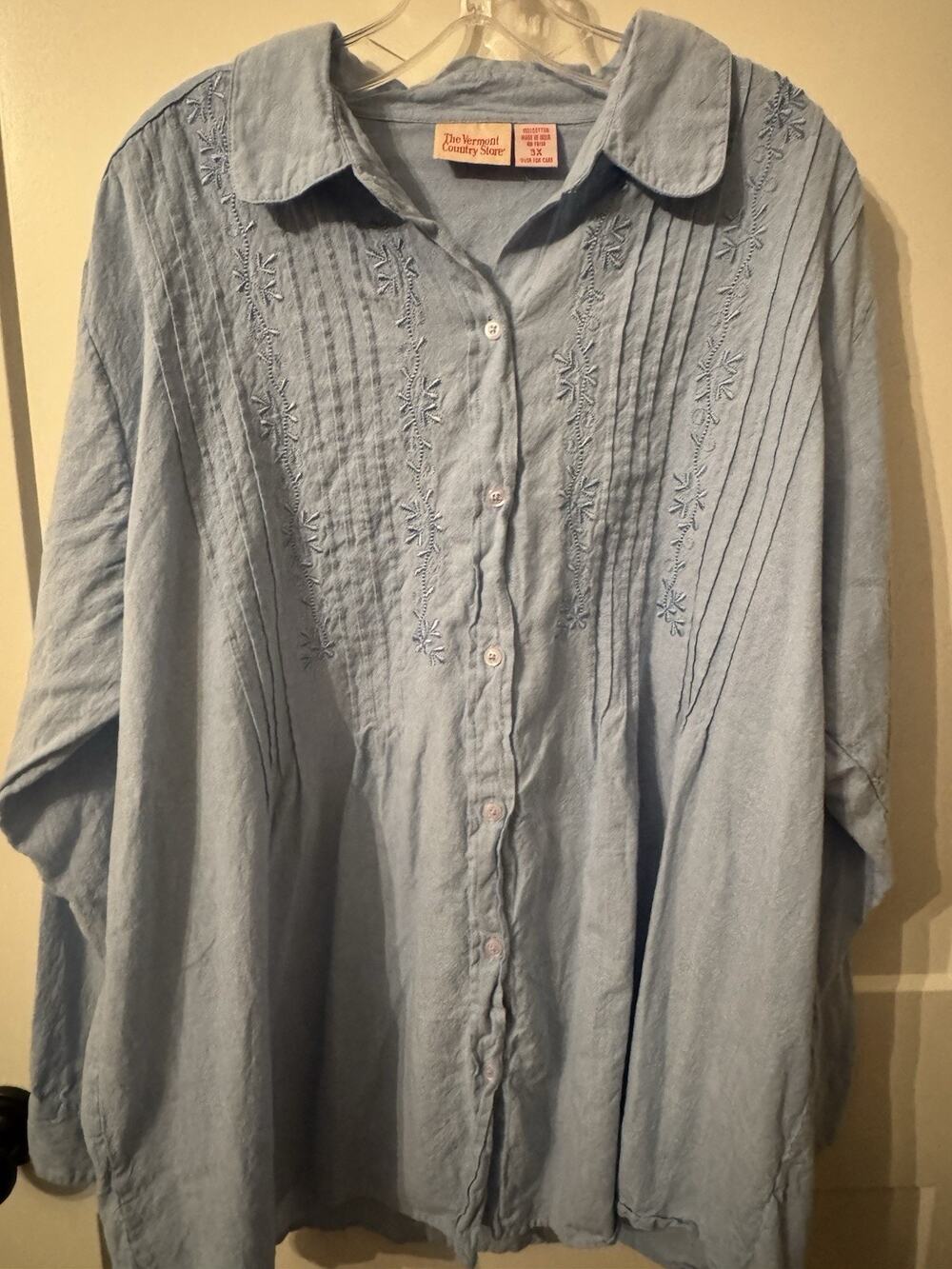 The Vermont Country Store Sz 3X Plus Cotton Pleated Button Up Shirt Blue Vintage